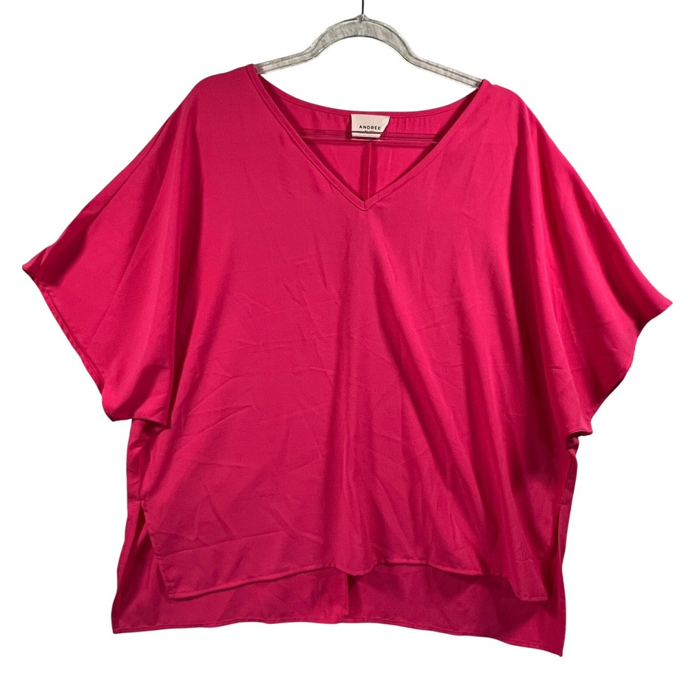Andree, Pink, Short Sleeve, Boxy V-Neck Top with High Low Hem, Size Medium